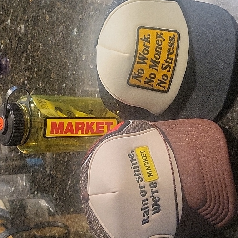 Market Hats snap backs (2) and Market drink bottle bundle